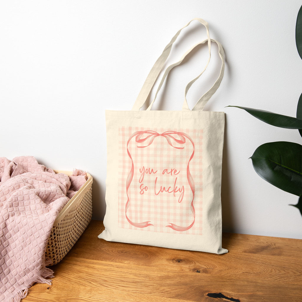 You Are So Lucky -  Pink Gingham & Ribbon - Canvas Tote
