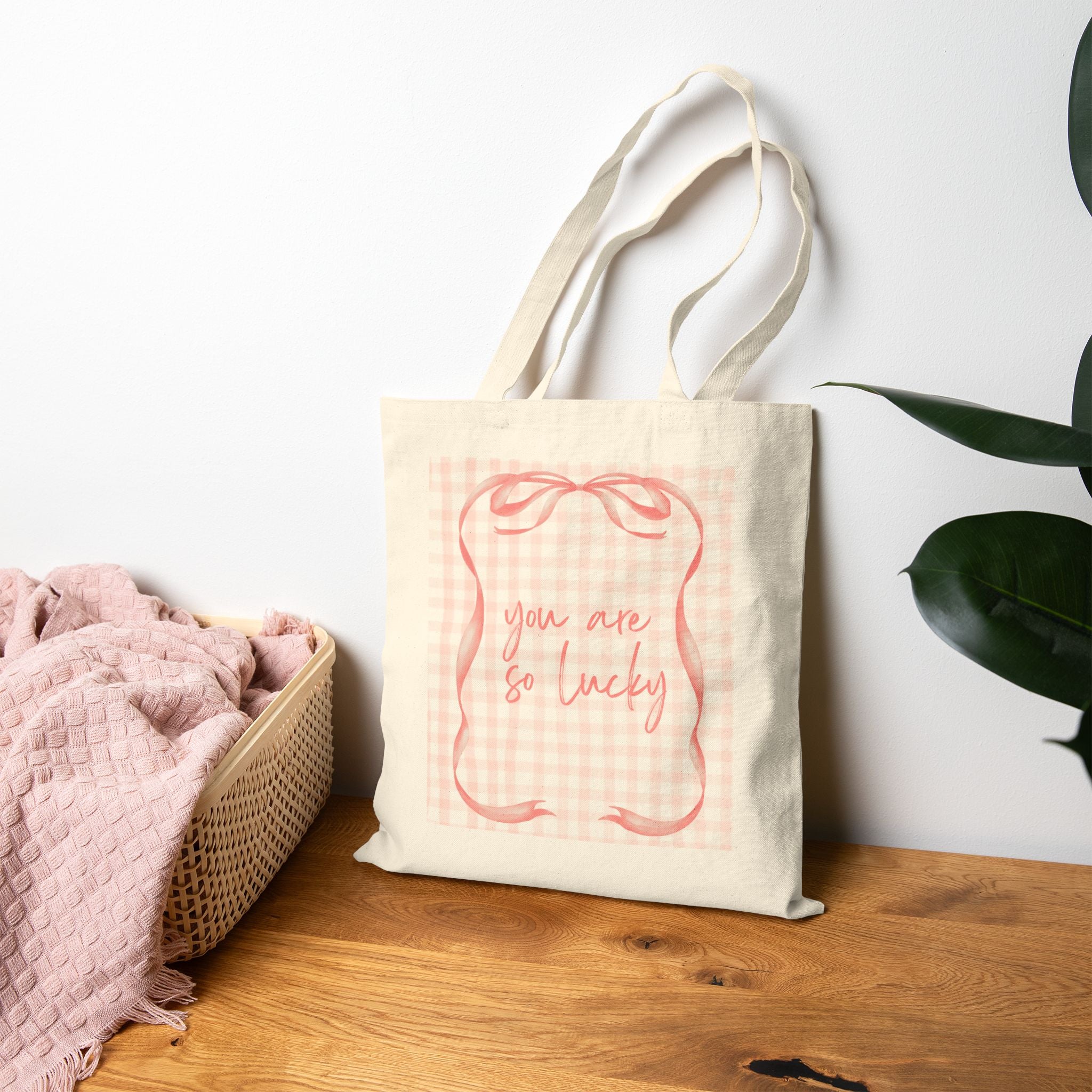 You Are So Lucky -  Pink Gingham & Ribbon - Canvas Tote