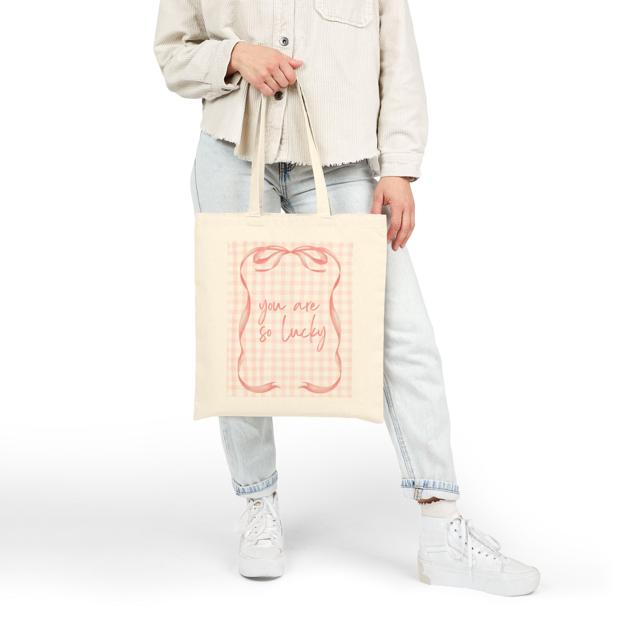 You Are So Lucky -  Pink Gingham & Ribbon - Canvas Tote